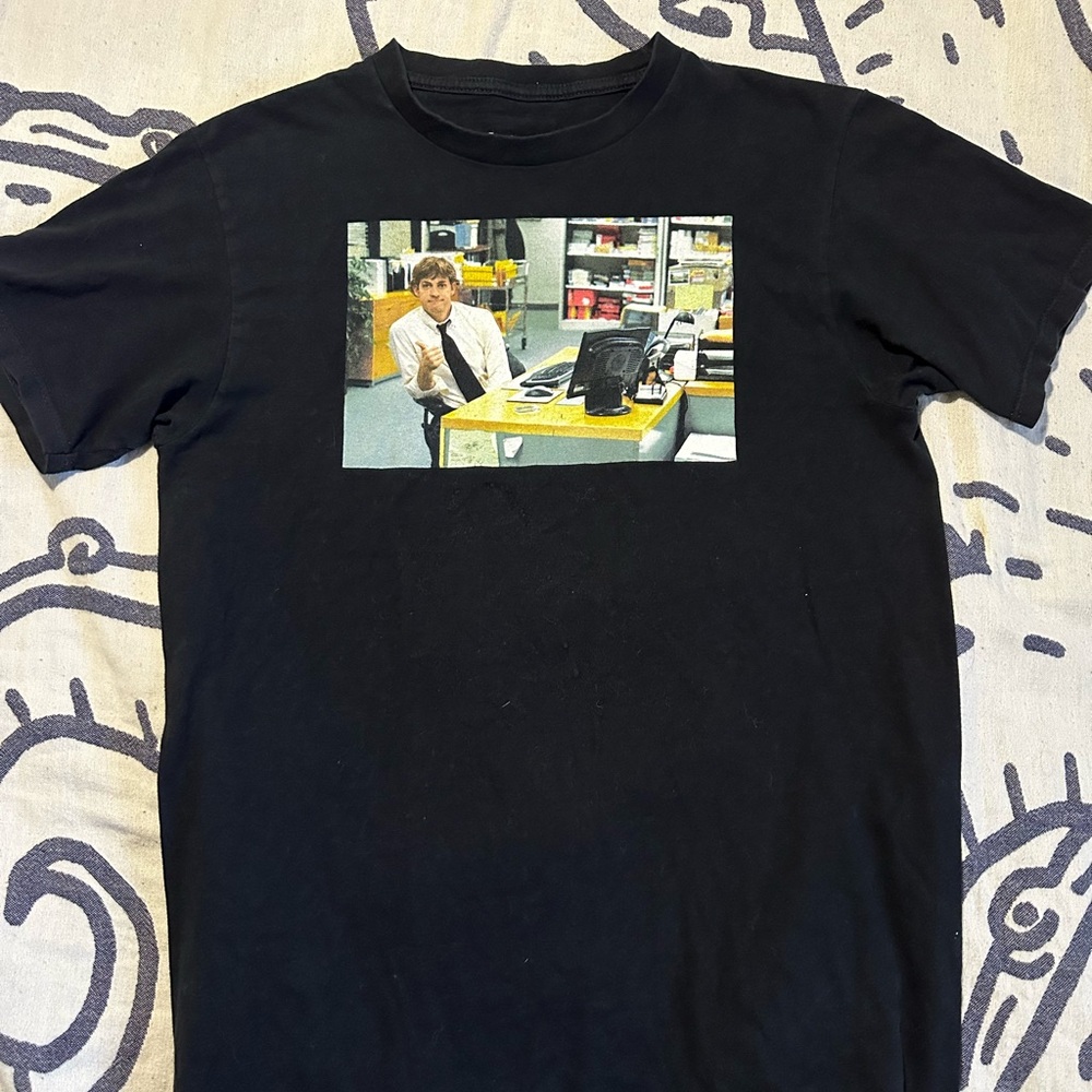 Black Graphic Tee with Office Print